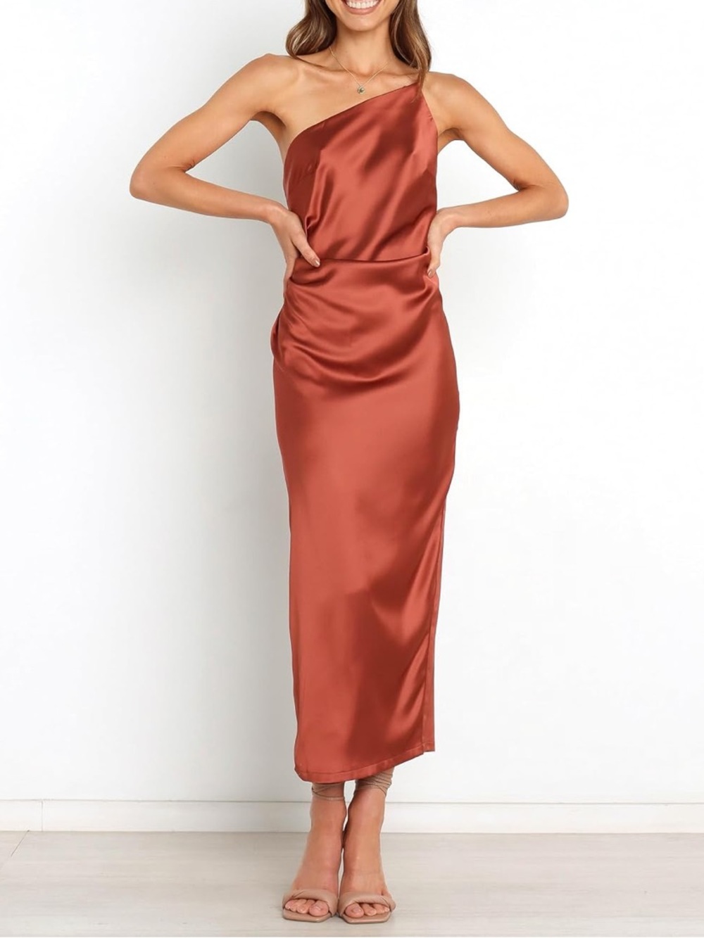 Petal & Pup One-Shoulder Satin  Dress in Rust NWOT size8
